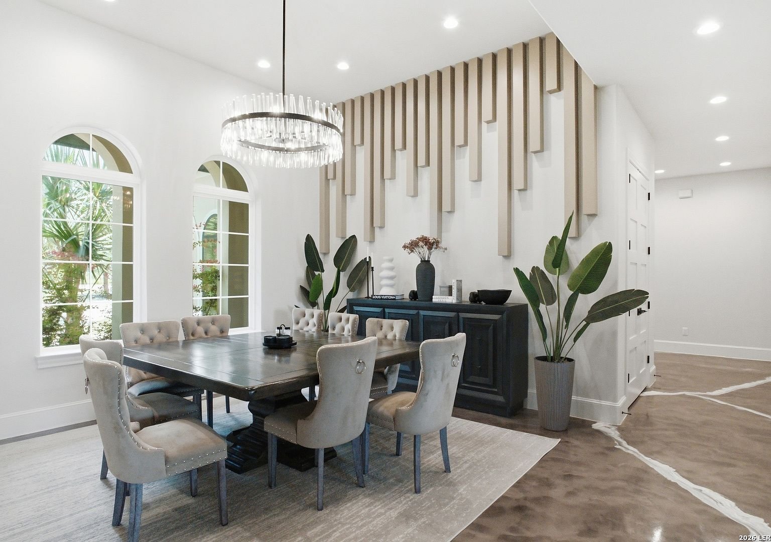 Dining room with slatted feature wall