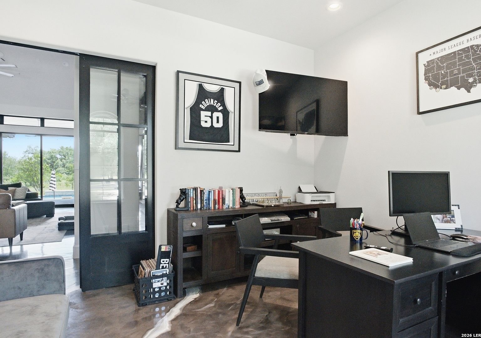 Office desk and arched window